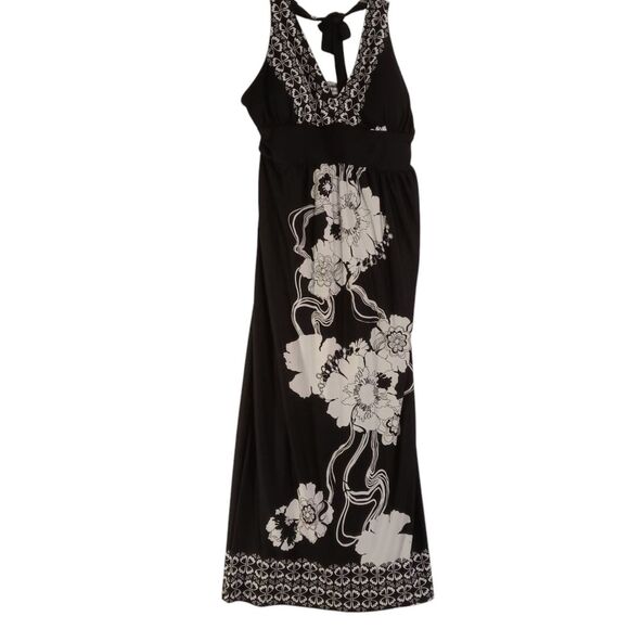 Olivia Matthews Black And White Haulter Top Large Floral Print Maxi Dress Sz XL - Picture 3 of 7